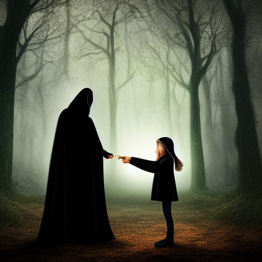 A hooded figure handing over a vial to a hesitant Lily surrounded by twisted trees and a full moon.